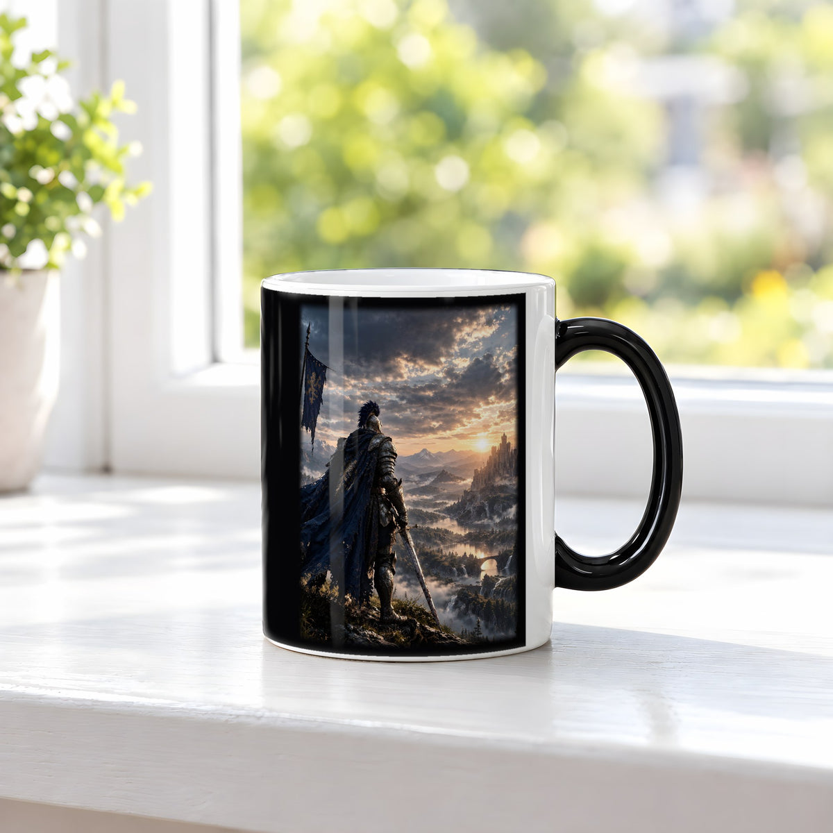 Über dem goldenen Tal – Black Edition Zaubertasse mit Motiv (heiß), auf der Fensterbank