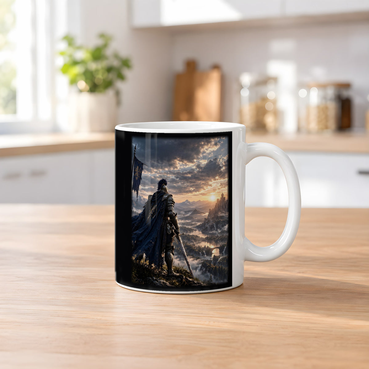 Über dem goldenen Tal – weiße Tasse, auf dem Küchentresen
