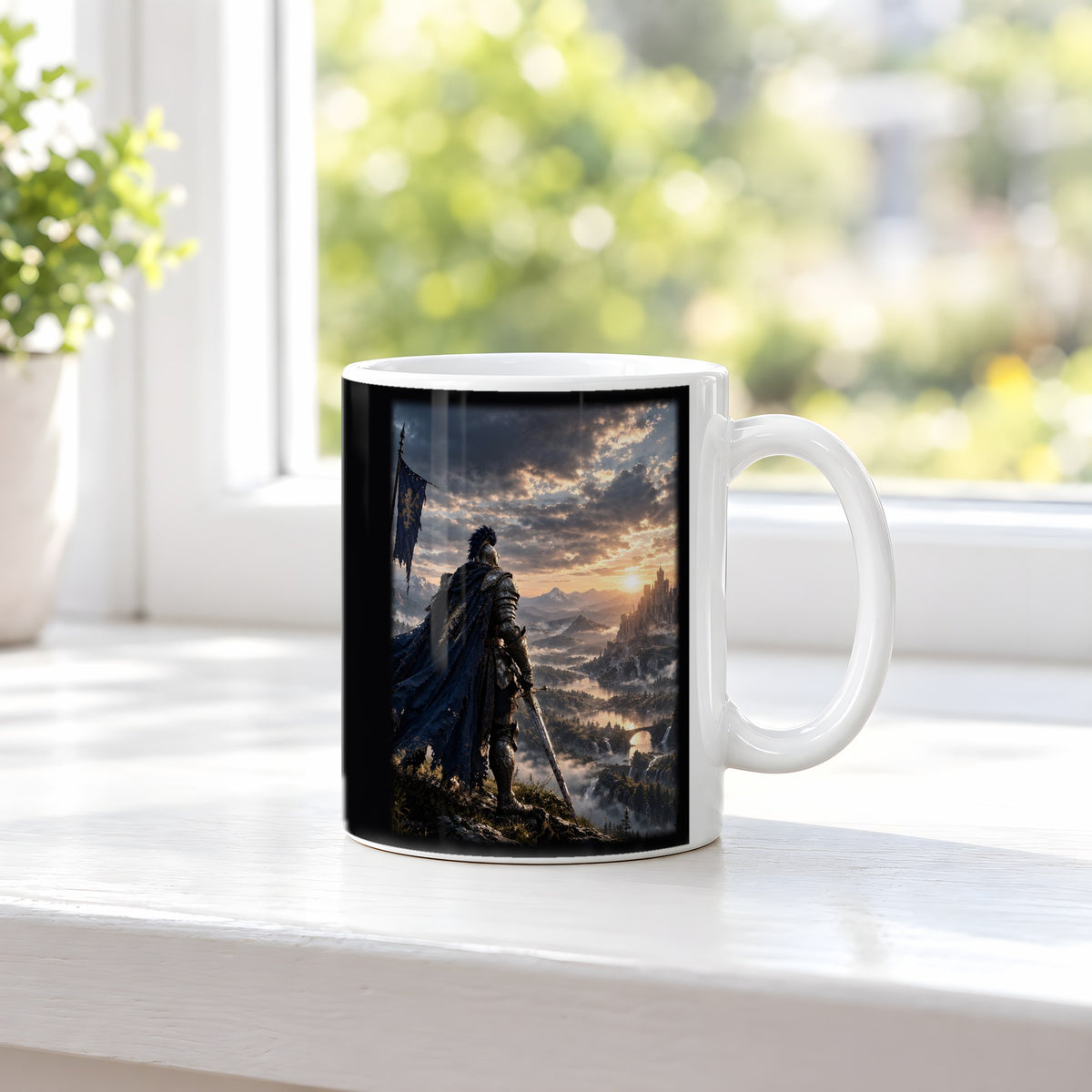 Über dem goldenen Tal – weiße Tasse, auf der Fensterbank