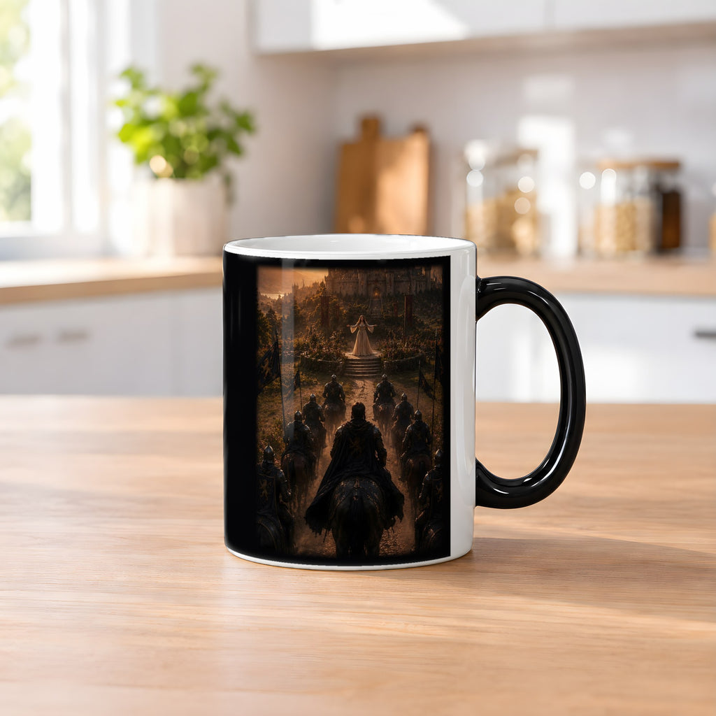 Heimkehr des Königs – Black Edition Zaubertasse mit Motiv (heiß), auf dem Küchentresen