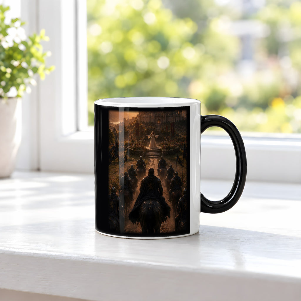 Heimkehr des Königs – Black Edition Zaubertasse mit Motiv (heiß), auf der Fensterbank