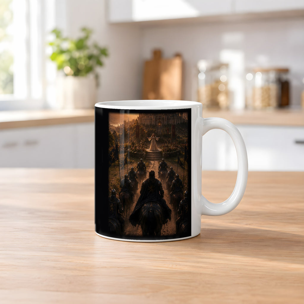 Heimkehr des Königs – weiße Tasse, auf dem Küchentresen