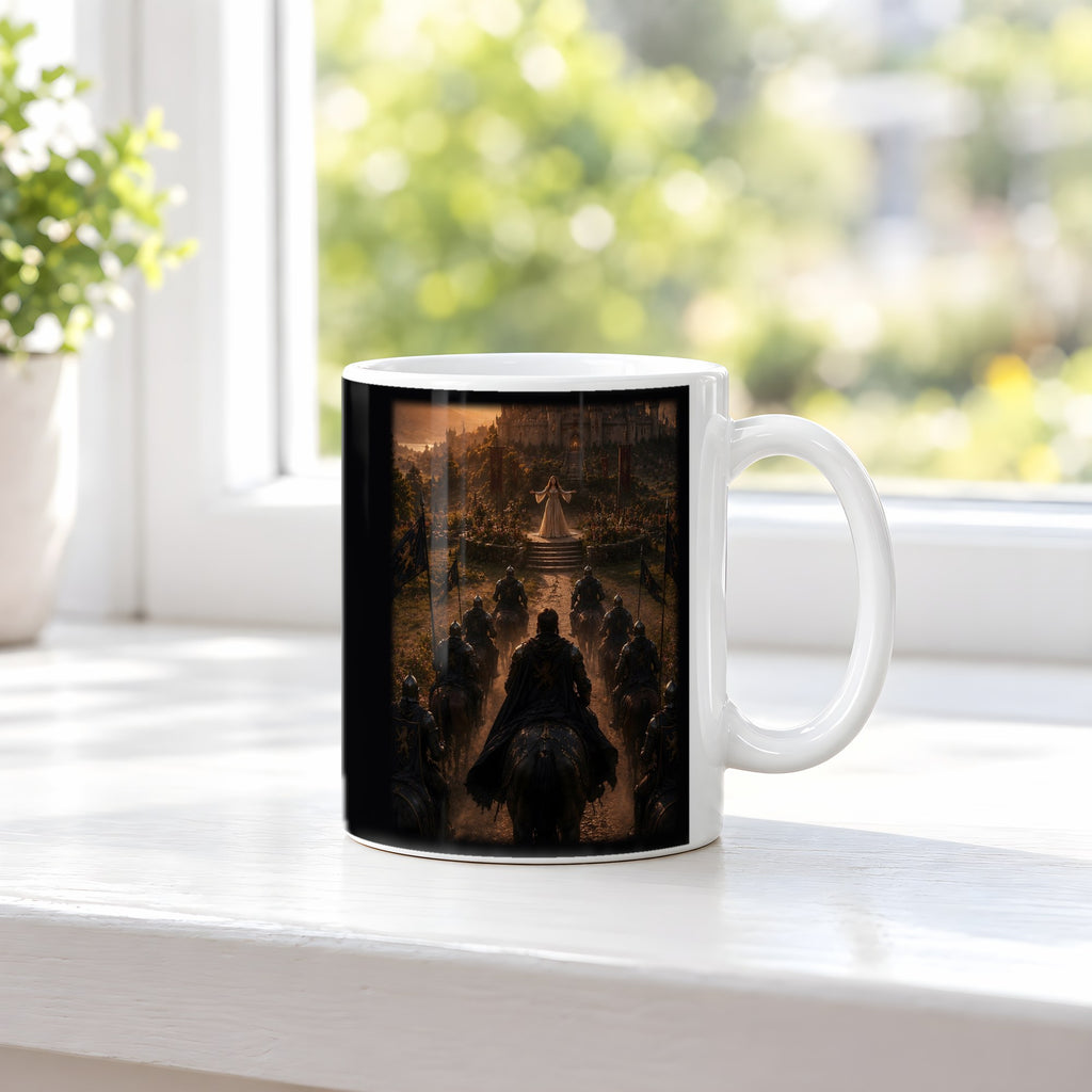 Heimkehr des Königs – weiße Tasse, auf der Fensterbank