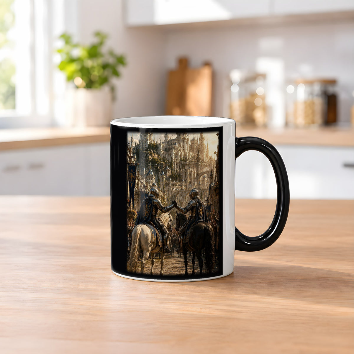 Die Heimkehr der Wächter – Black Edition Zaubertasse mit Motiv (heiß), auf dem Küchentresen