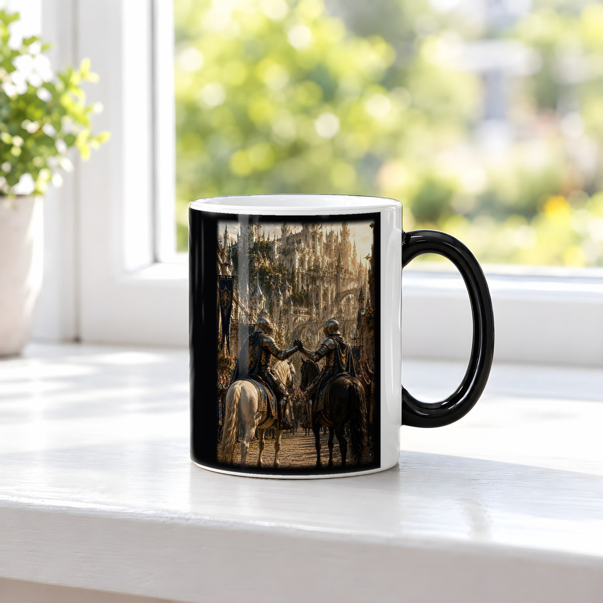 Die Heimkehr der Wächter – Black Edition Zaubertasse mit Motiv (heiß), auf der Fensterbank
