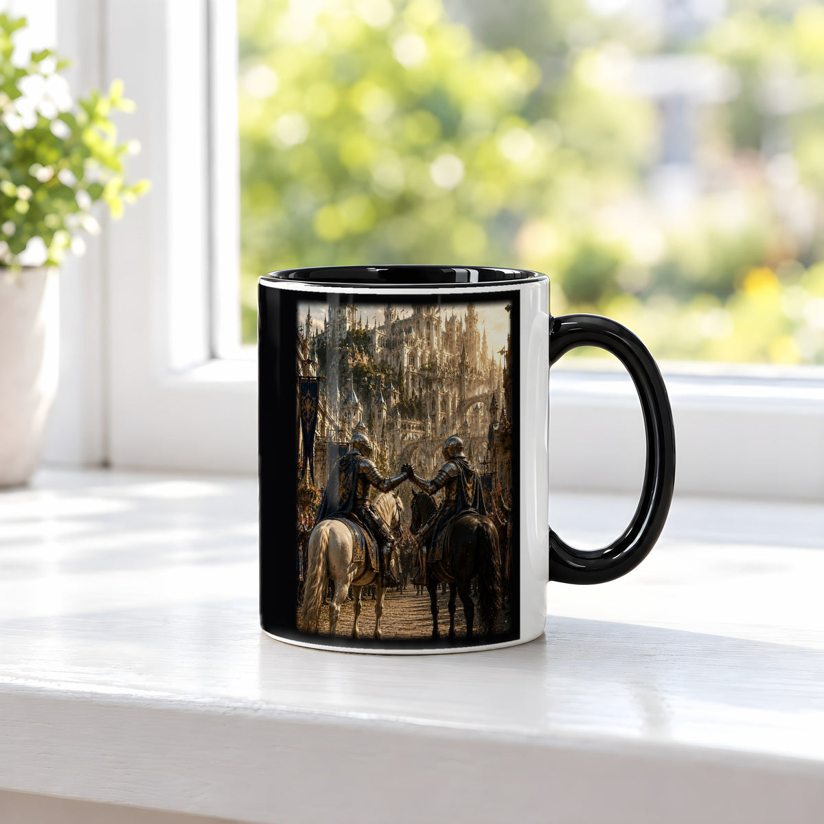 Die Heimkehr der Wächter – Tasse innen schwarz, auf der Fensterbank