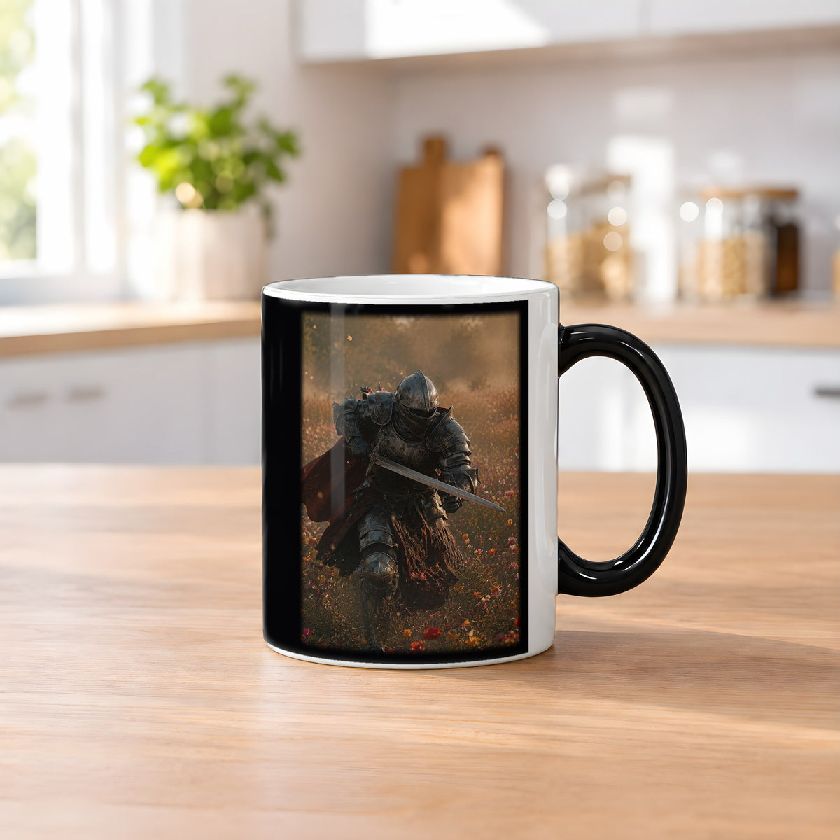 Herbstkrieger – Black Edition Zaubertasse mit Motiv (heiß), auf dem Küchentresen