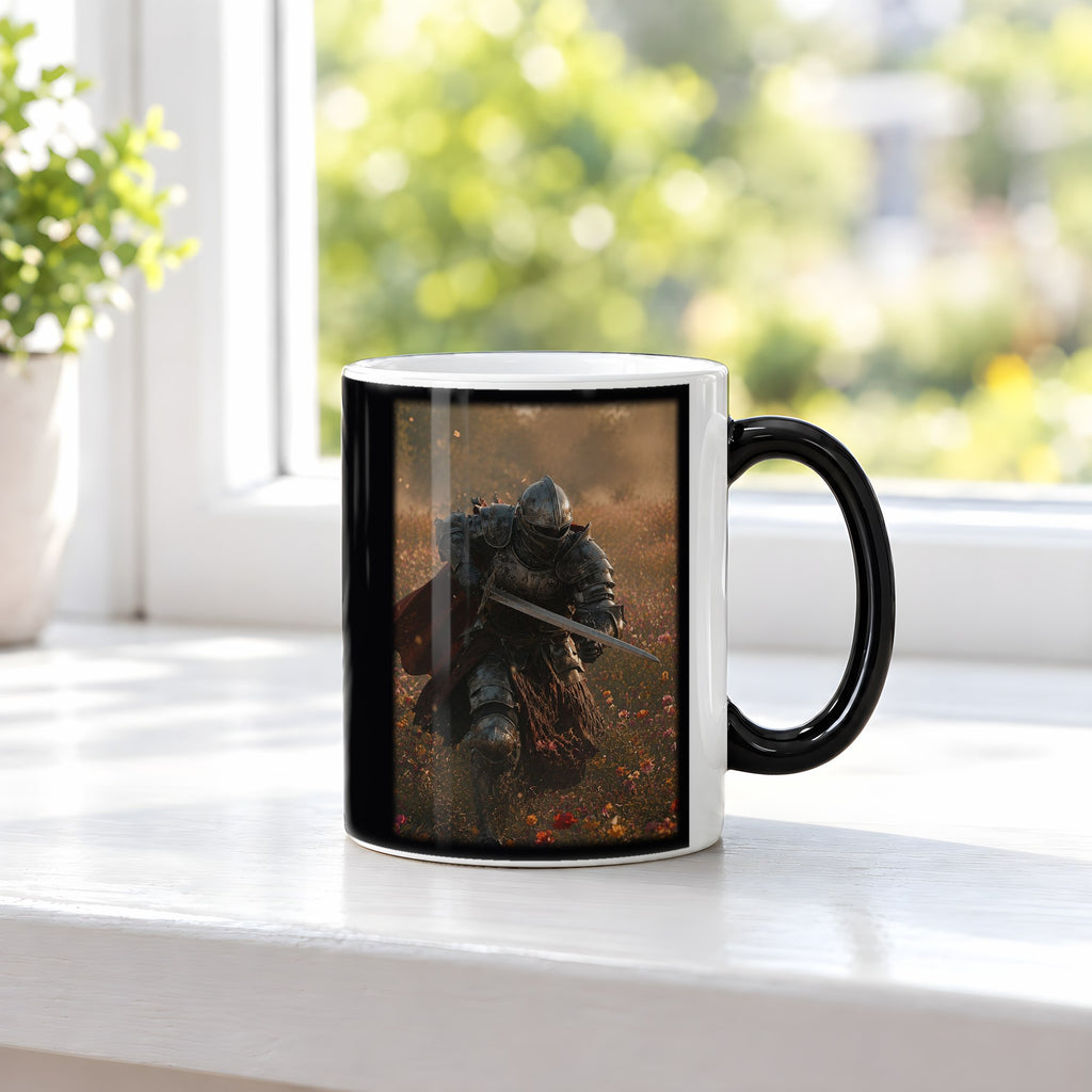 Herbstkrieger – Black Edition Zaubertasse mit Motiv (heiß), auf der Fensterbank