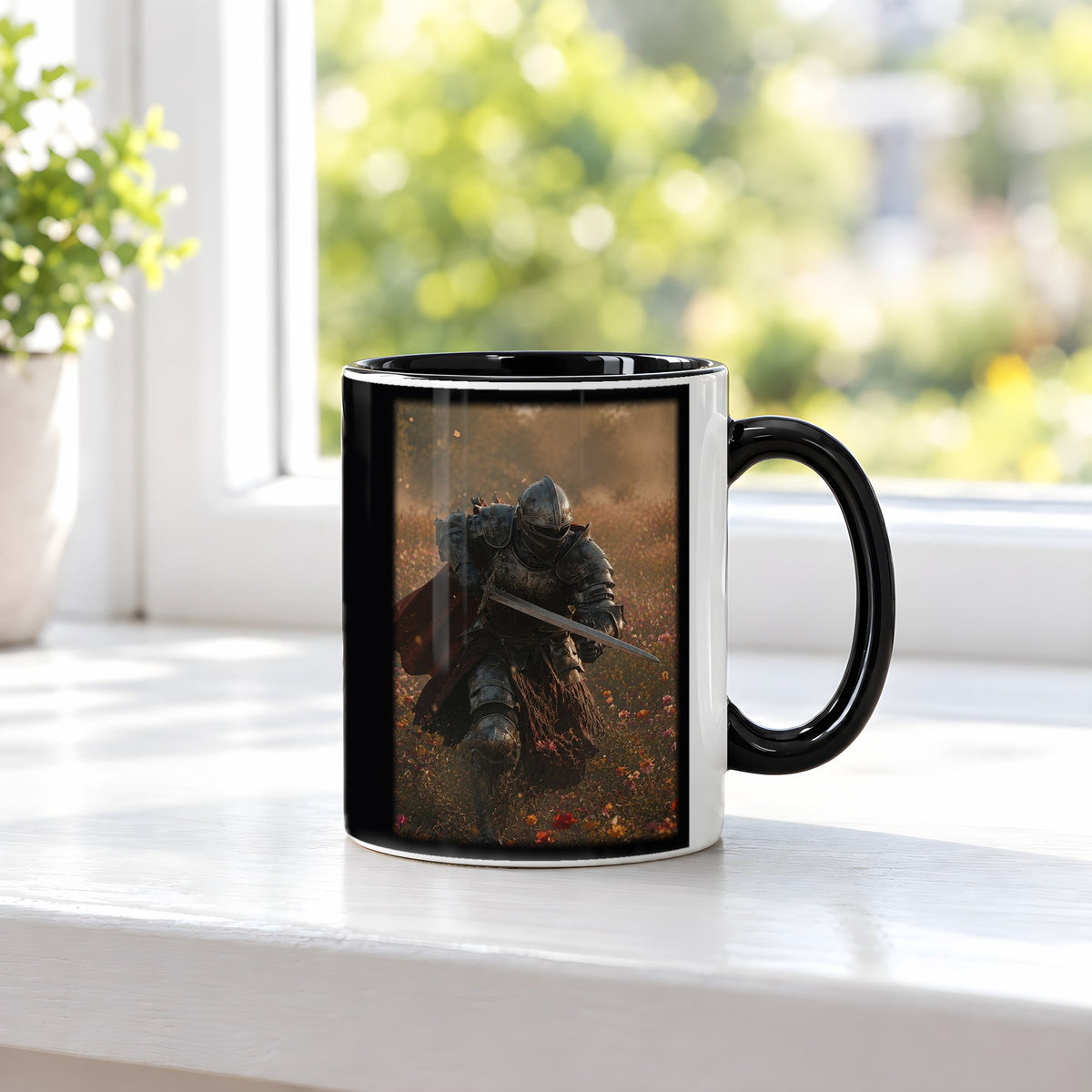 Herbstkrieger – Tasse innen schwarz, auf der Fensterbank