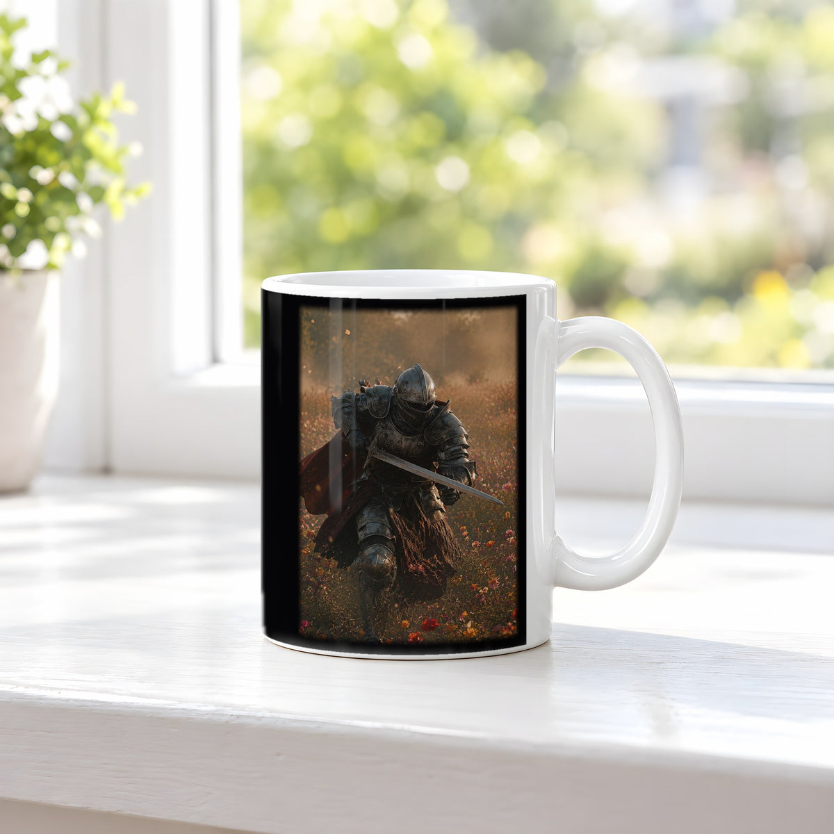 Herbstkrieger – weiße Tasse, auf der Fensterbank