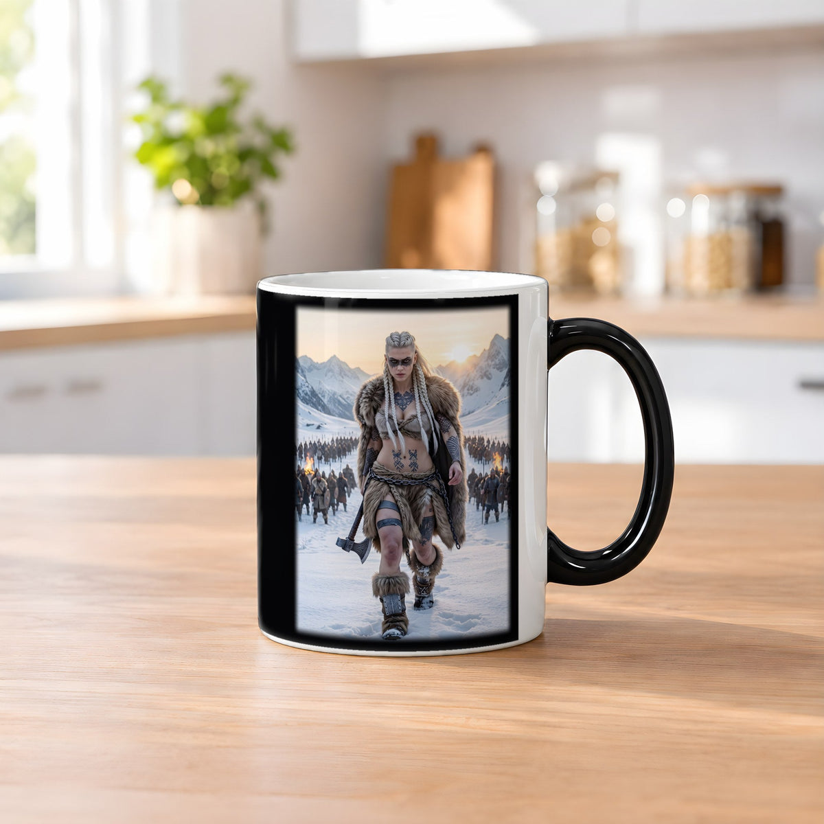 Die Heerführerin – Black Edition Zaubertasse mit Motiv (heiß), auf dem Küchentresen