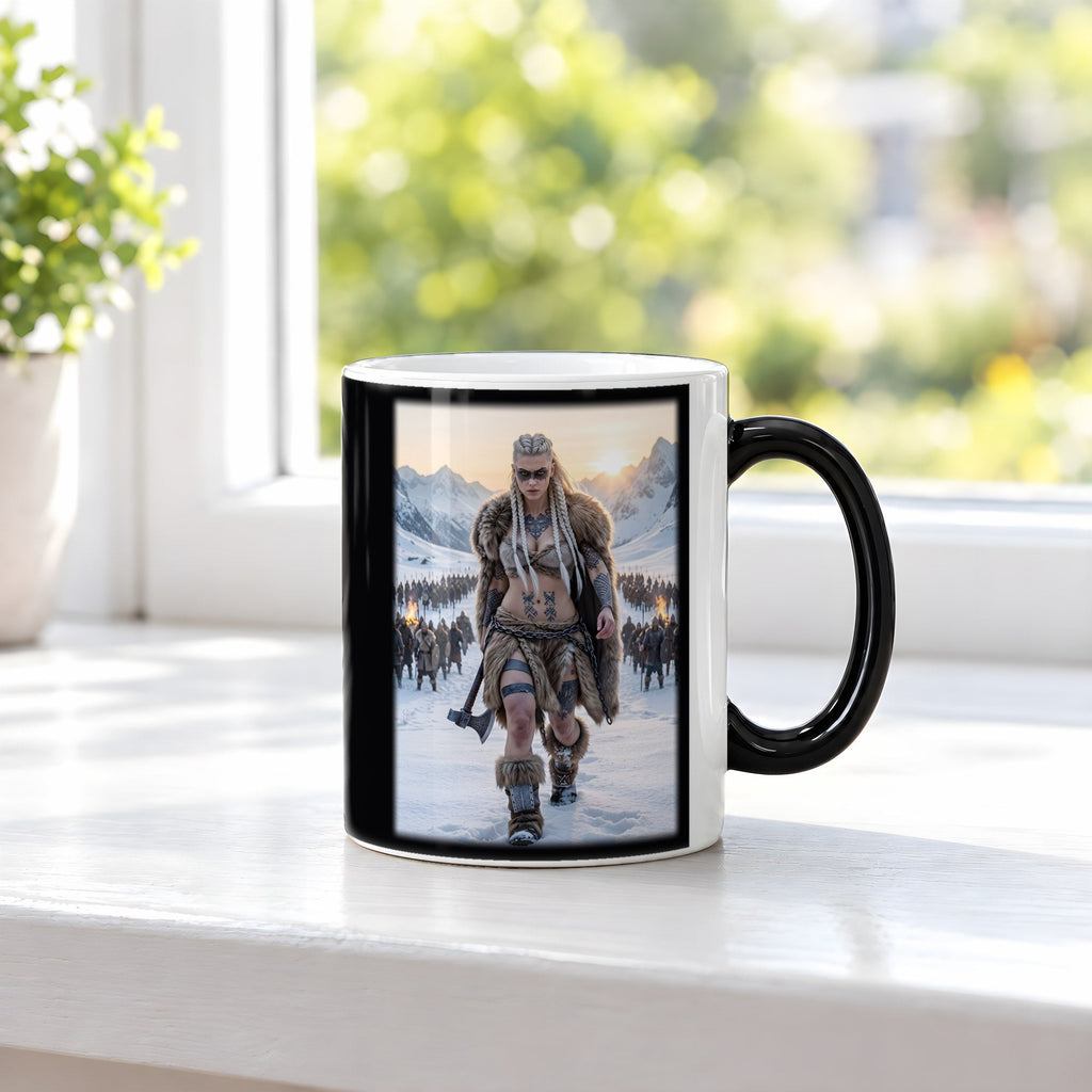 Die Heerführerin – Black Edition Zaubertasse mit Motiv (heiß), auf der Fensterbank