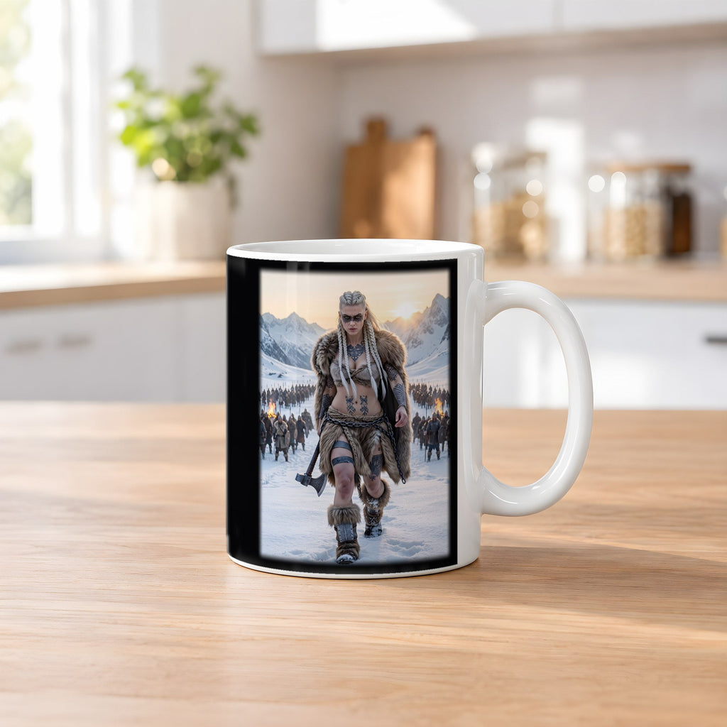 Die Heerführerin – weiße Tasse, auf dem Küchentresen