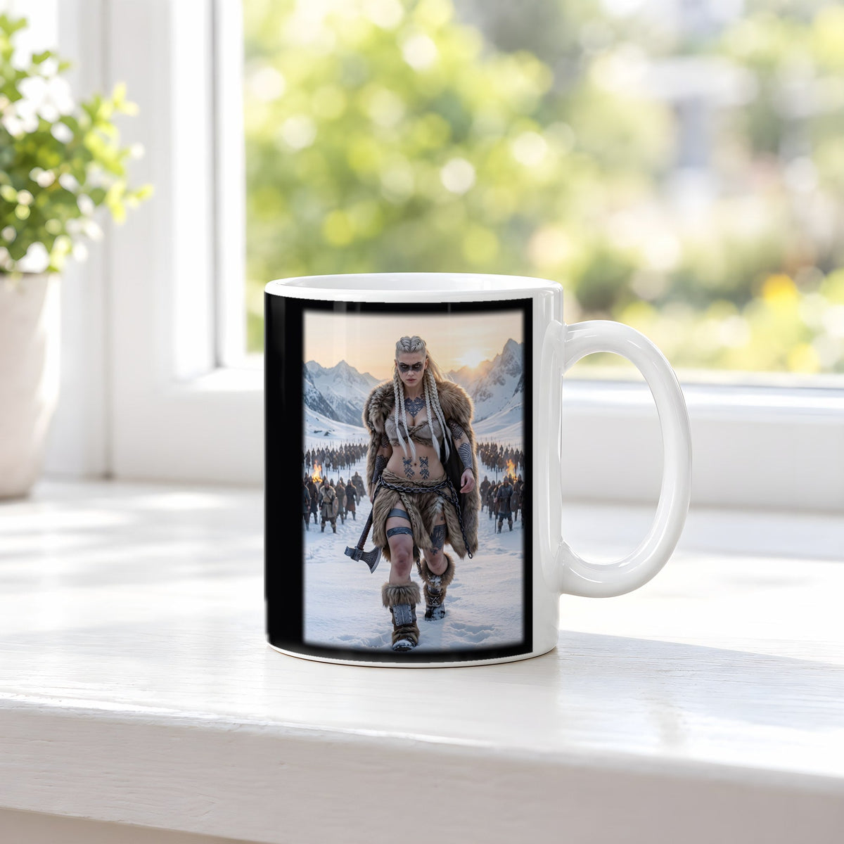 Die Heerführerin – weiße Tasse, auf der Fensterbank