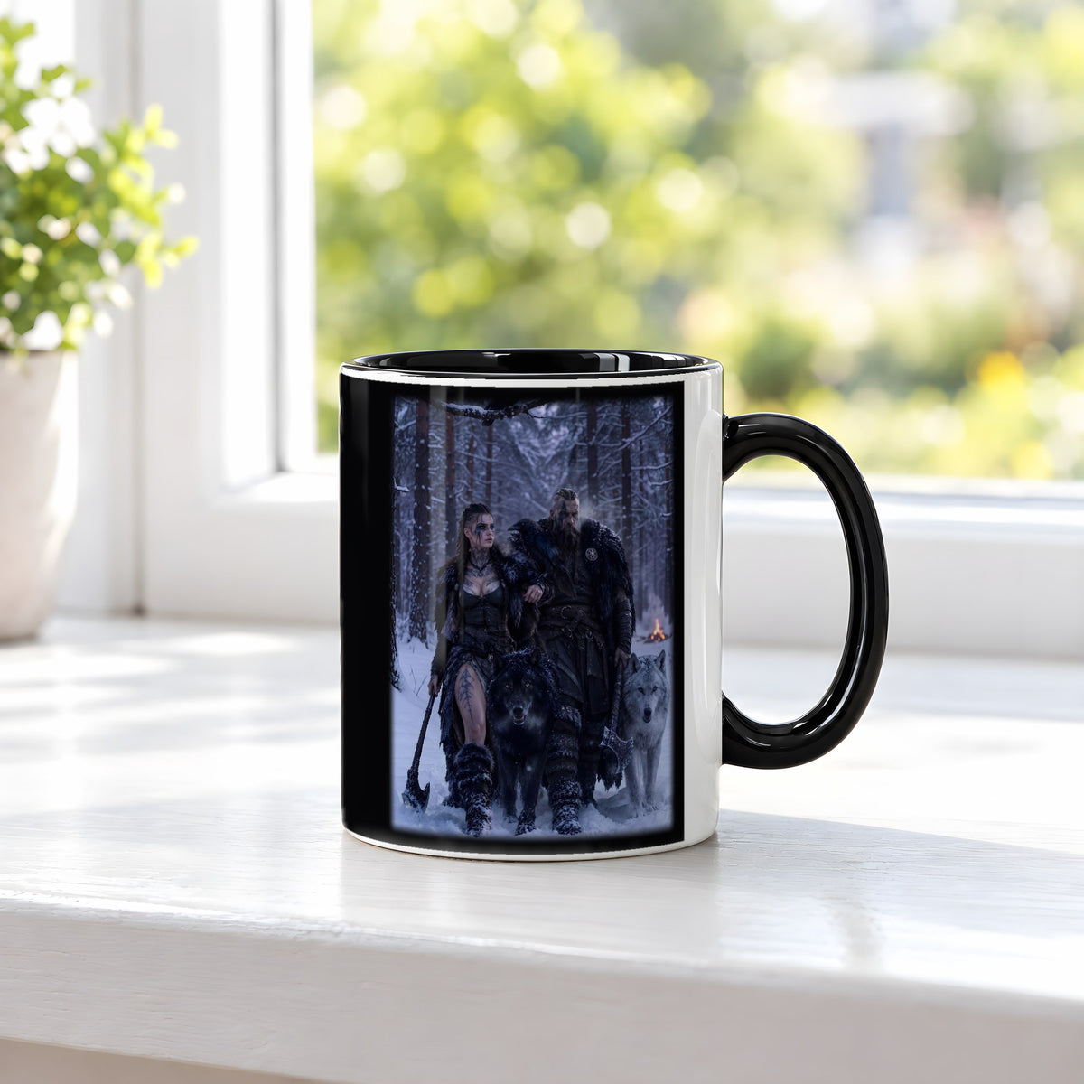 Heimkehr im Schnee – Tasse innen schwarz, auf der Fensterbank