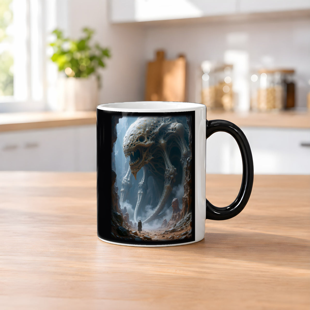 Der Hohle Koloss – Black Edition Zaubertasse mit Motiv (heiß), auf dem Küchentresen
