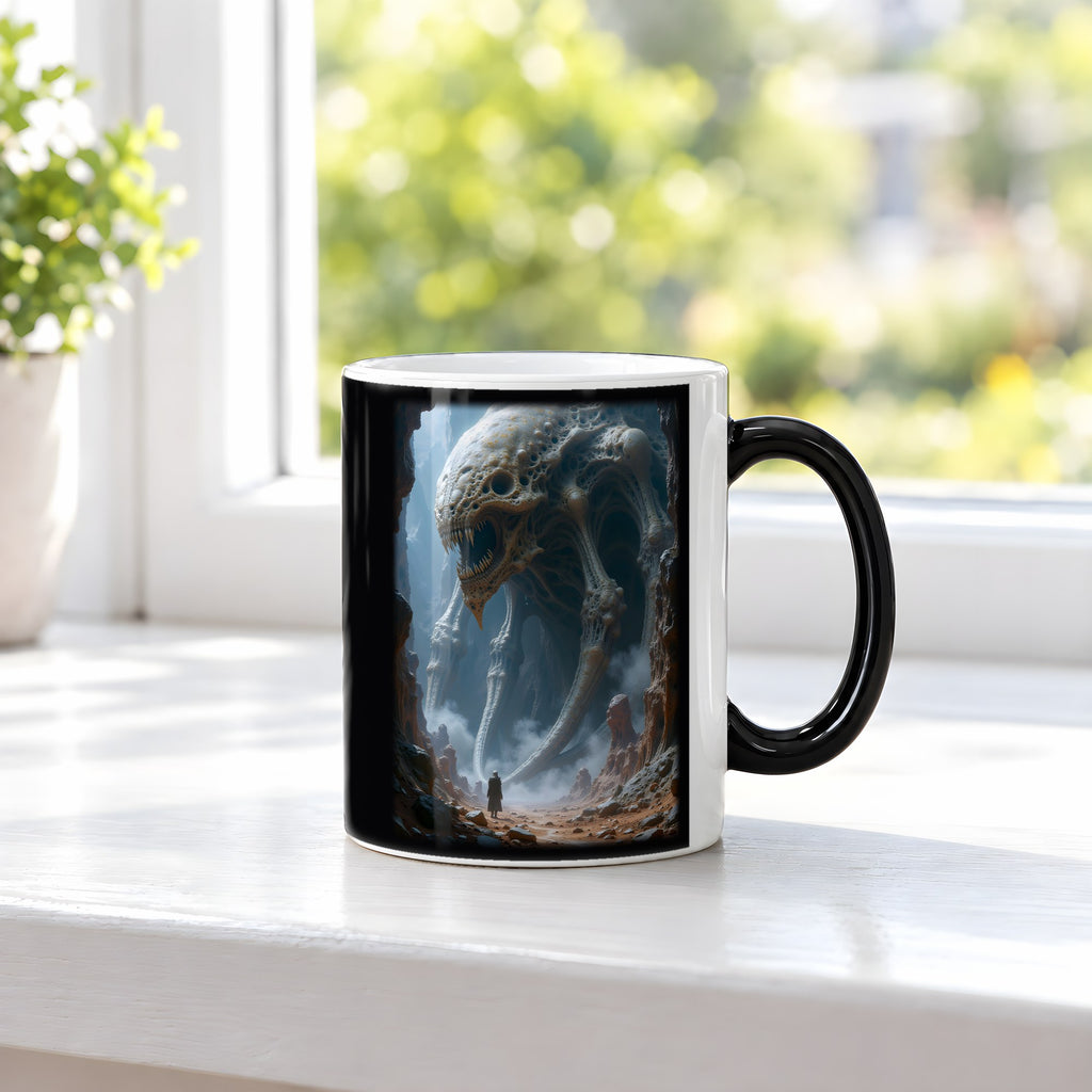 Der Hohle Koloss – Black Edition Zaubertasse mit Motiv (heiß), auf der Fensterbank