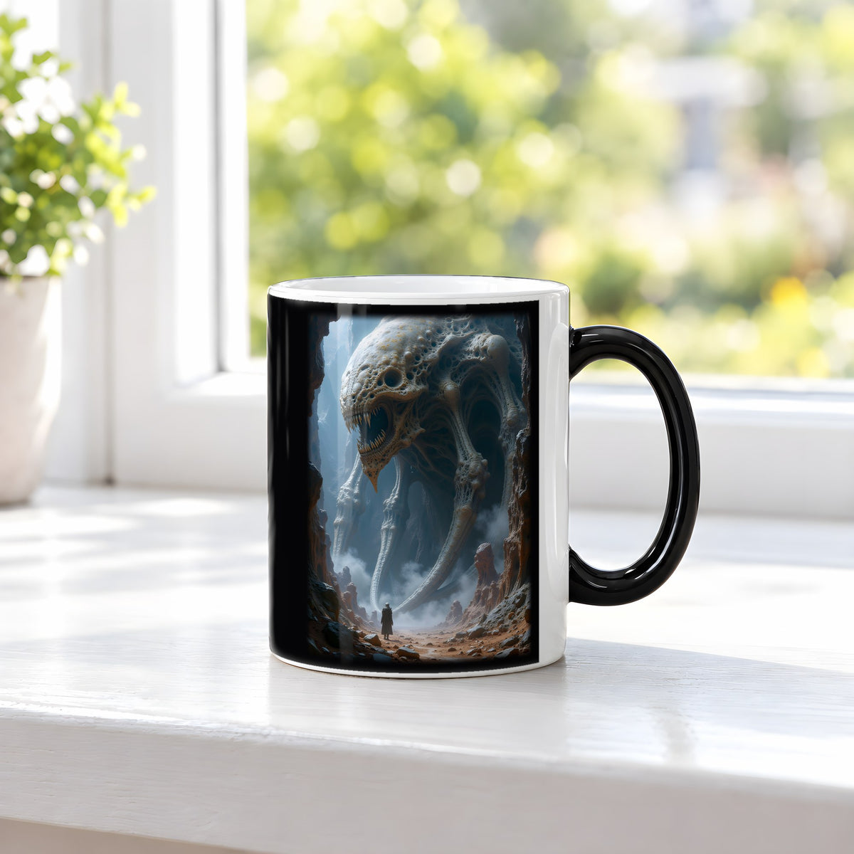 Der Hohle Koloss – Black Edition Zaubertasse mit Motiv (heiß), auf der Fensterbank
