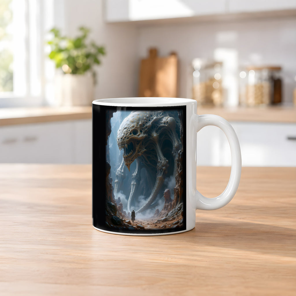 Der Hohle Koloss – weiße Tasse, auf dem Küchentresen