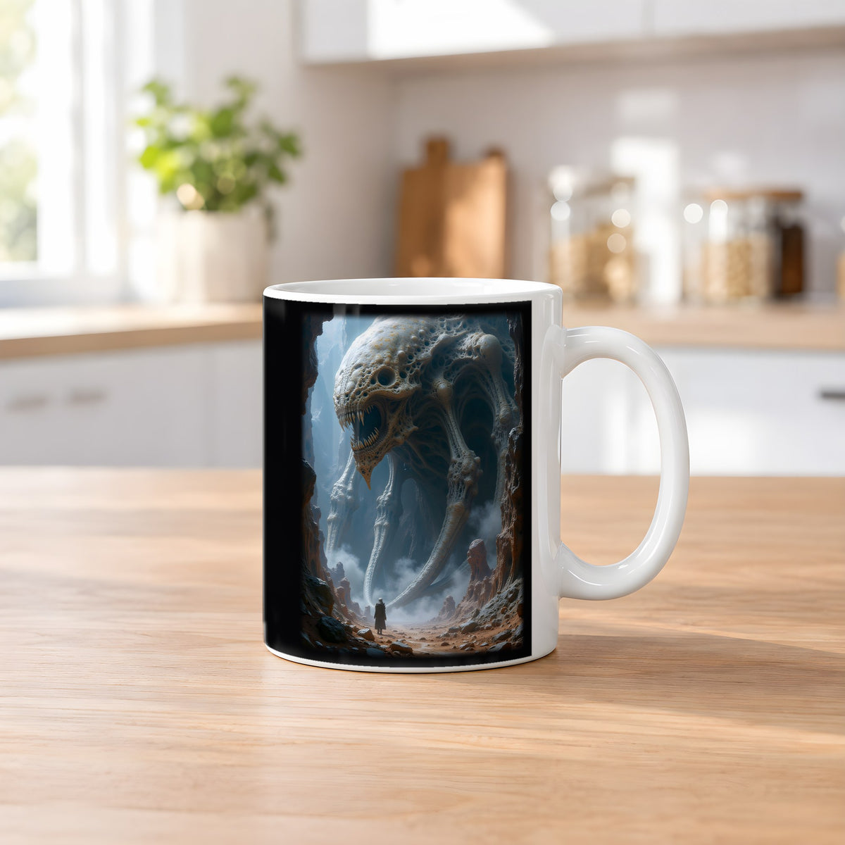 Der Hohle Koloss – weiße Tasse, auf dem Küchentresen