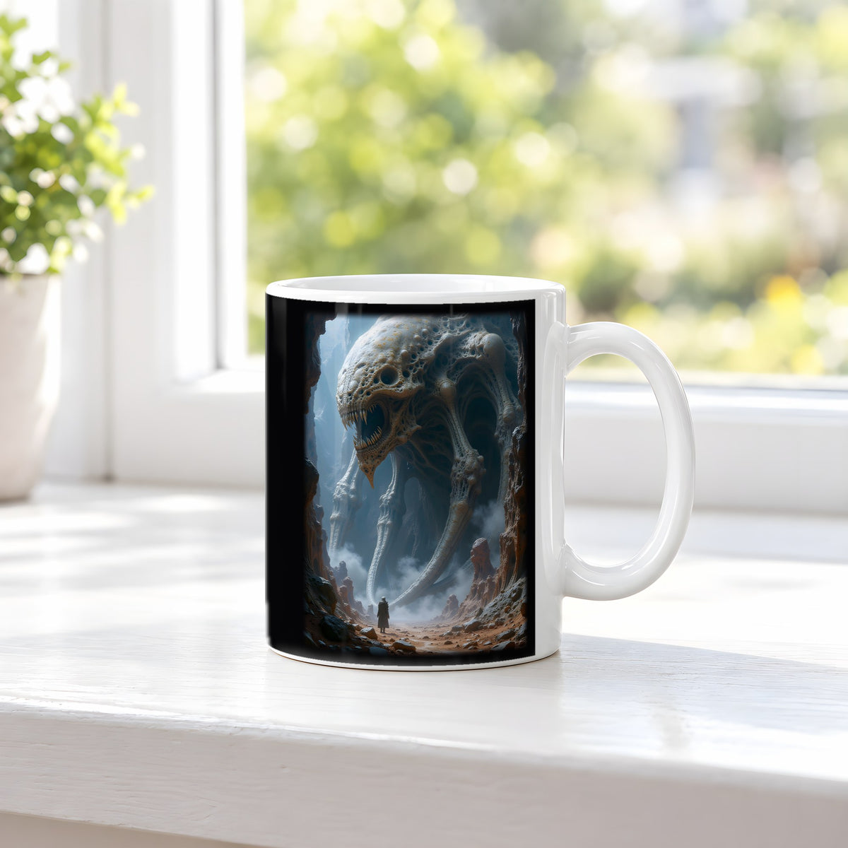 Der Hohle Koloss – weiße Tasse, auf der Fensterbank