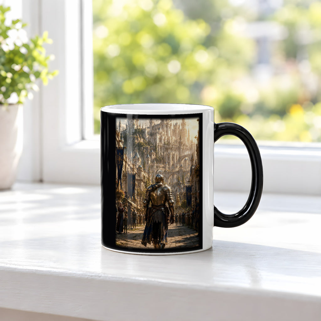 Der Heimkehrer – Black Edition Zaubertasse mit Motiv (heiß), auf der Fensterbank