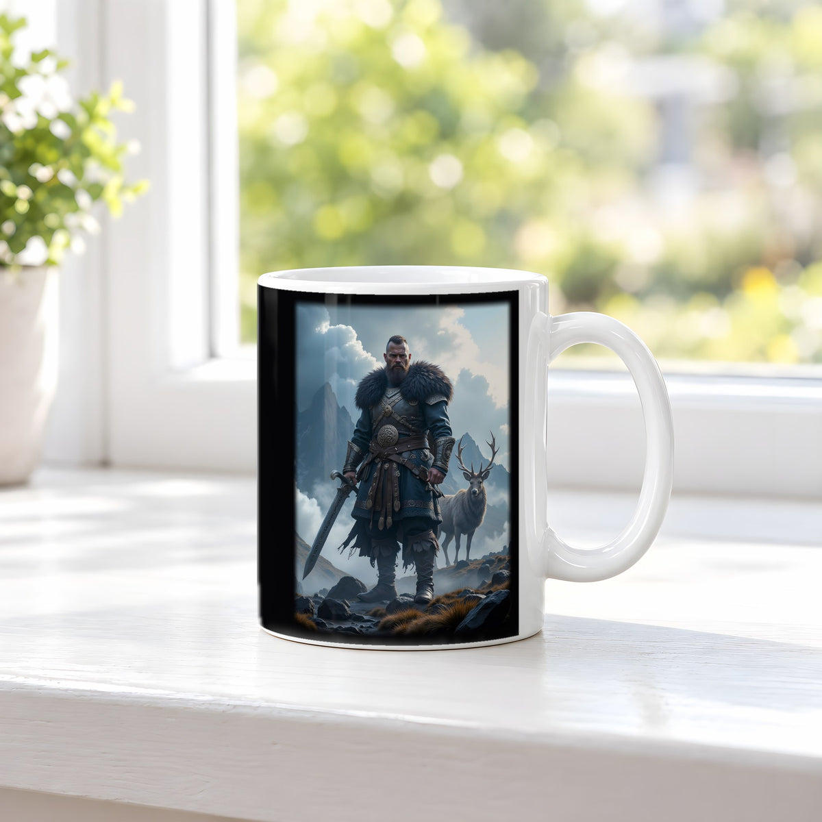 Der Hochlandwächter – weiße Tasse, auf der Fensterbank