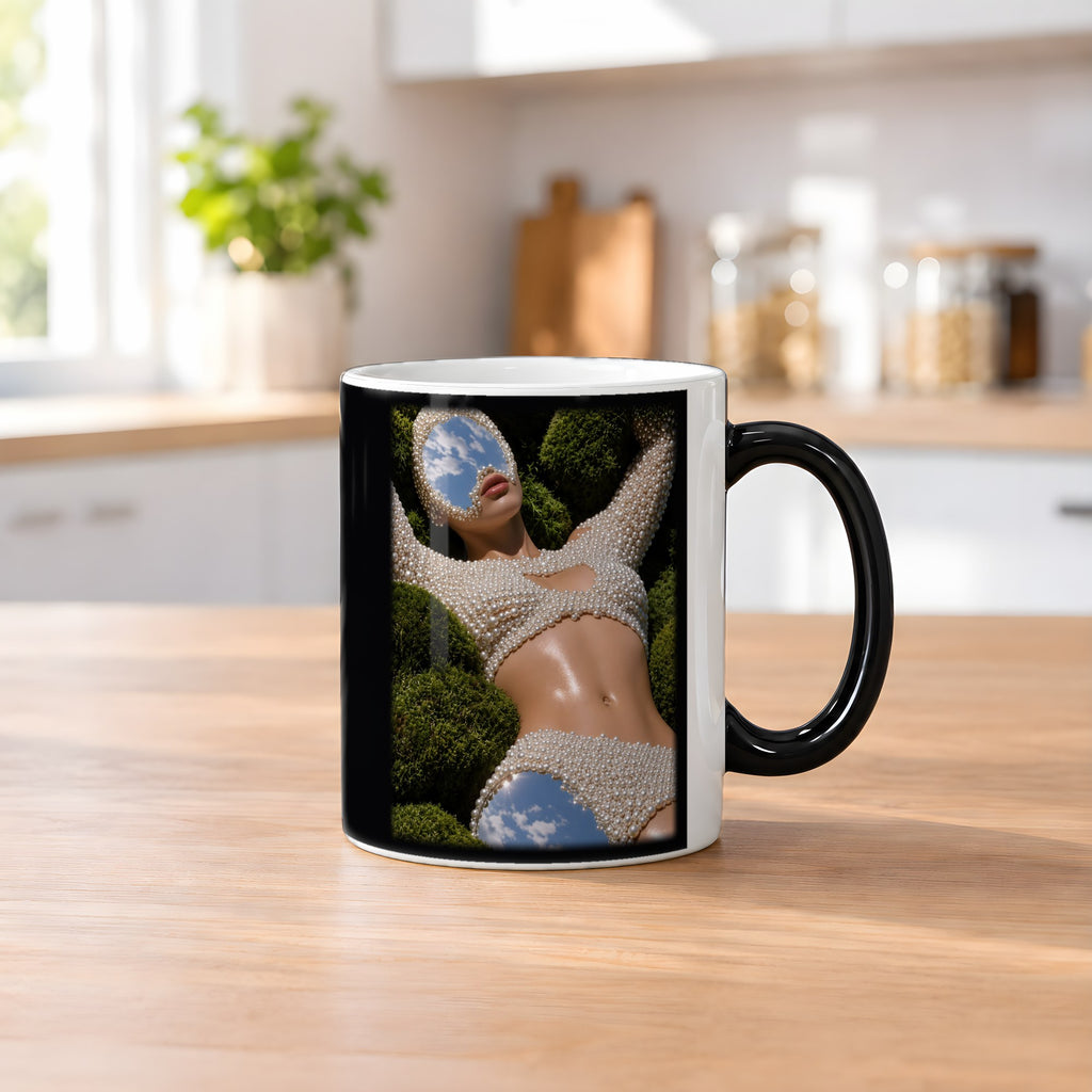 Himmelsspiegel – Black Edition Zaubertasse mit Motiv (heiß), auf dem Küchentresen