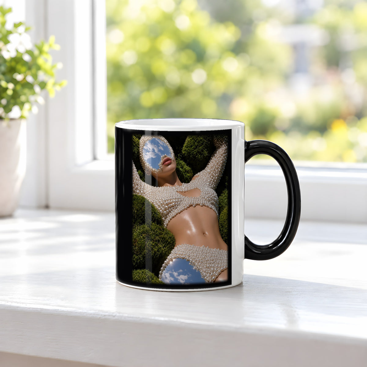 Himmelsspiegel – Black Edition Zaubertasse mit Motiv (heiß), auf der Fensterbank