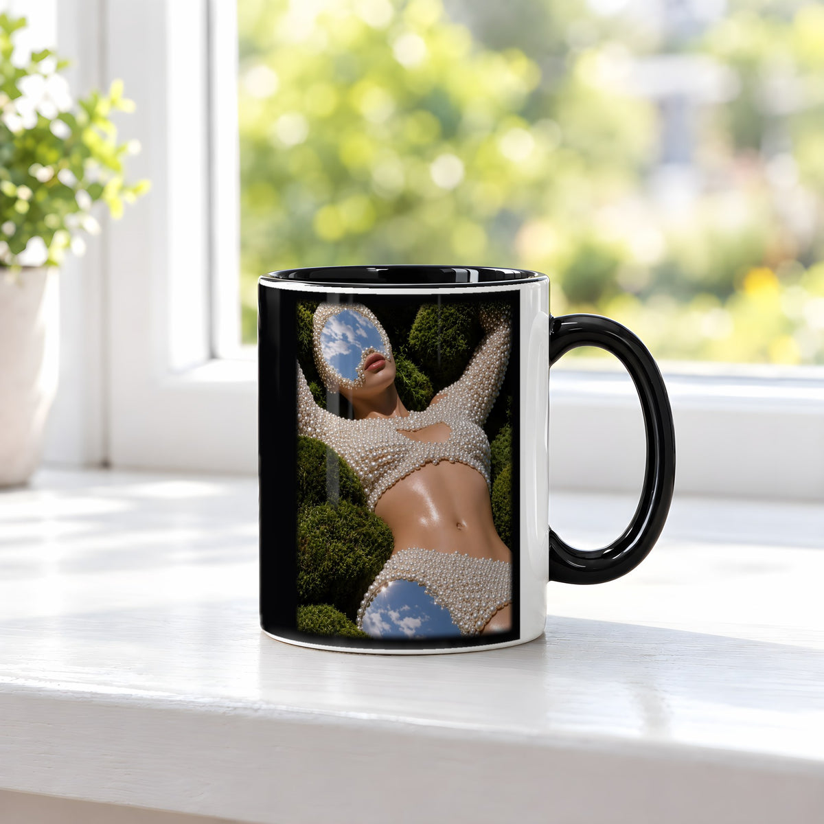 Himmelsspiegel – Tasse innen schwarz, auf der Fensterbank