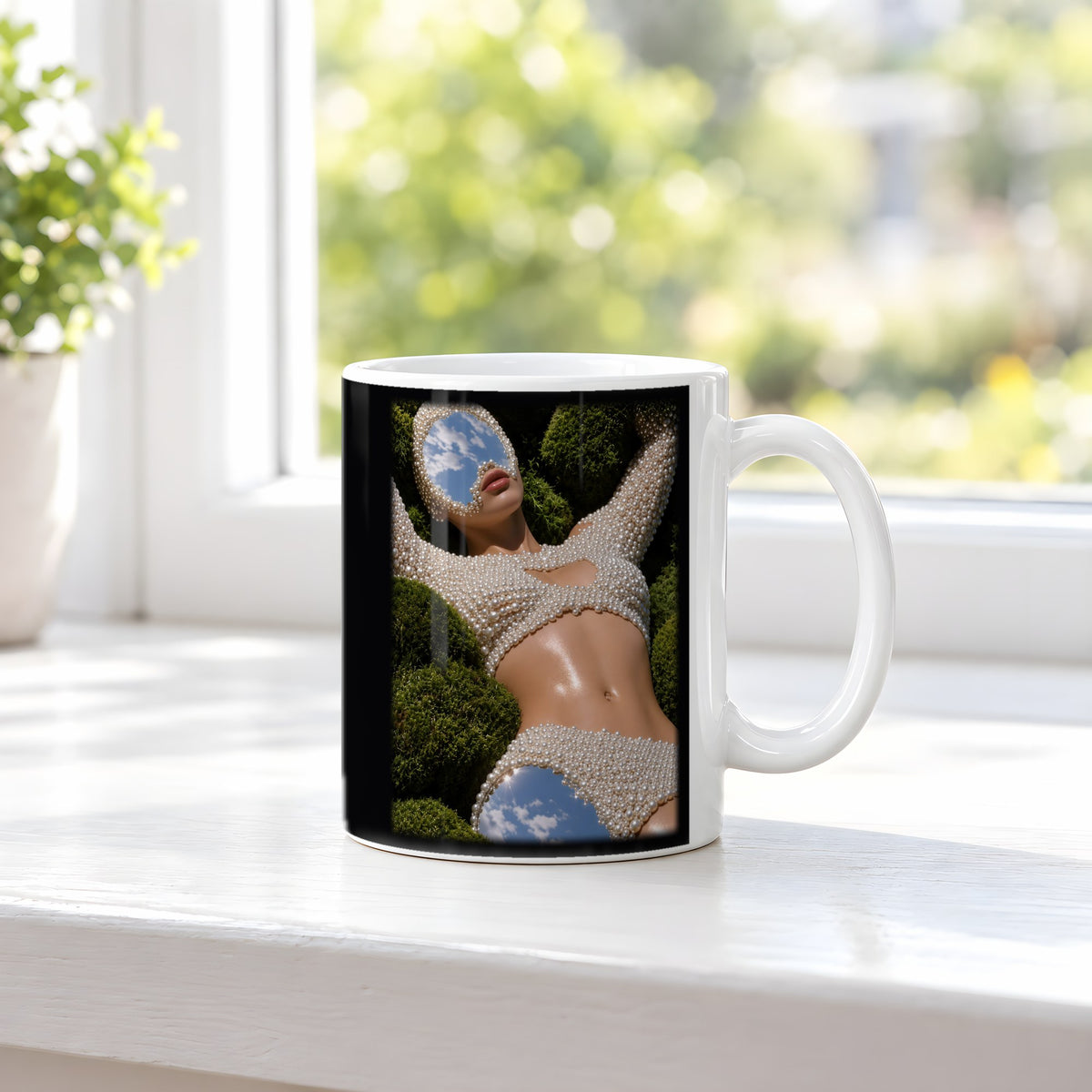 Himmelsspiegel – weiße Tasse, auf der Fensterbank