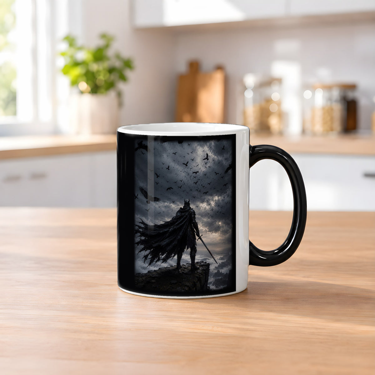 Herr der Raben – Black Edition Zaubertasse mit Motiv (heiß), auf dem Küchentresen