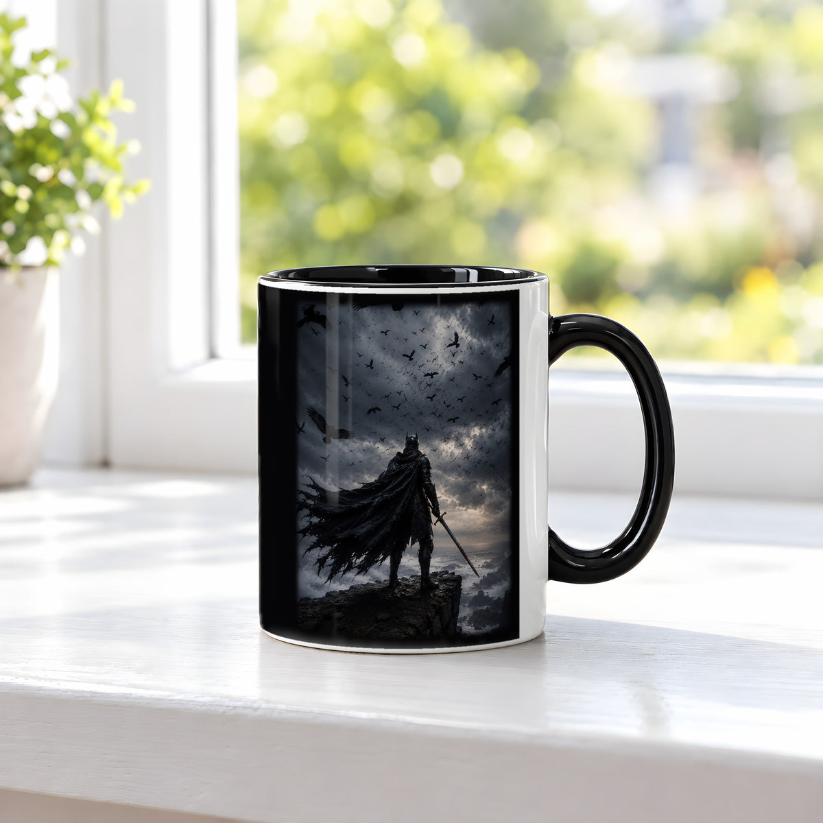 Herr der Raben – Tasse innen schwarz, auf der Fensterbank