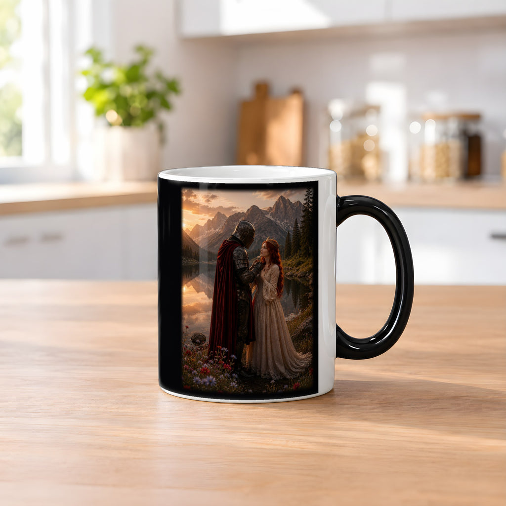 Im Abendrot – Black Edition Zaubertasse mit Motiv (heiß), auf dem Küchentresen