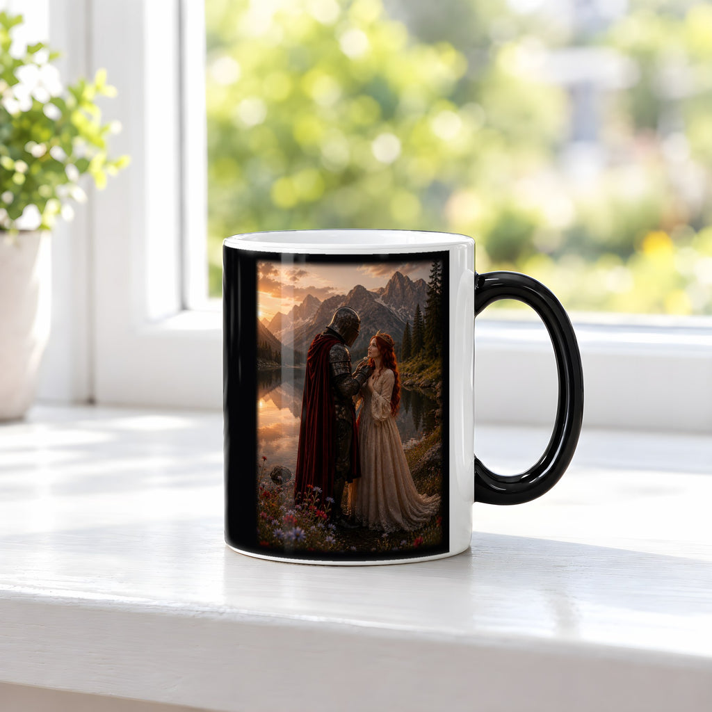 Im Abendrot – Black Edition Zaubertasse mit Motiv (heiß), auf der Fensterbank