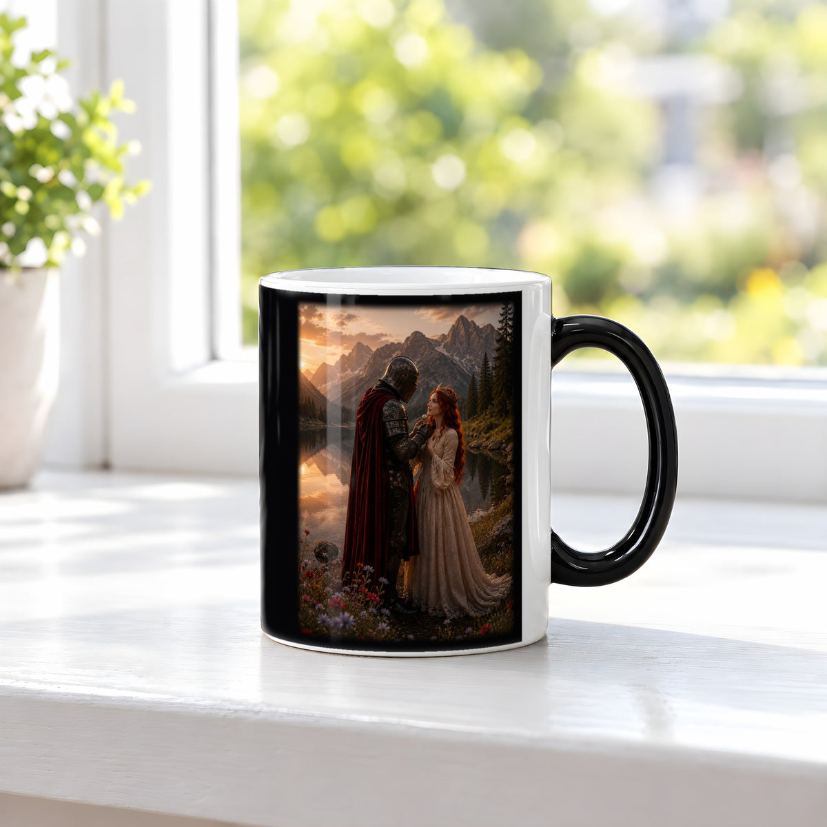 Im Abendrot – Black Edition Zaubertasse mit Motiv (heiß), auf der Fensterbank