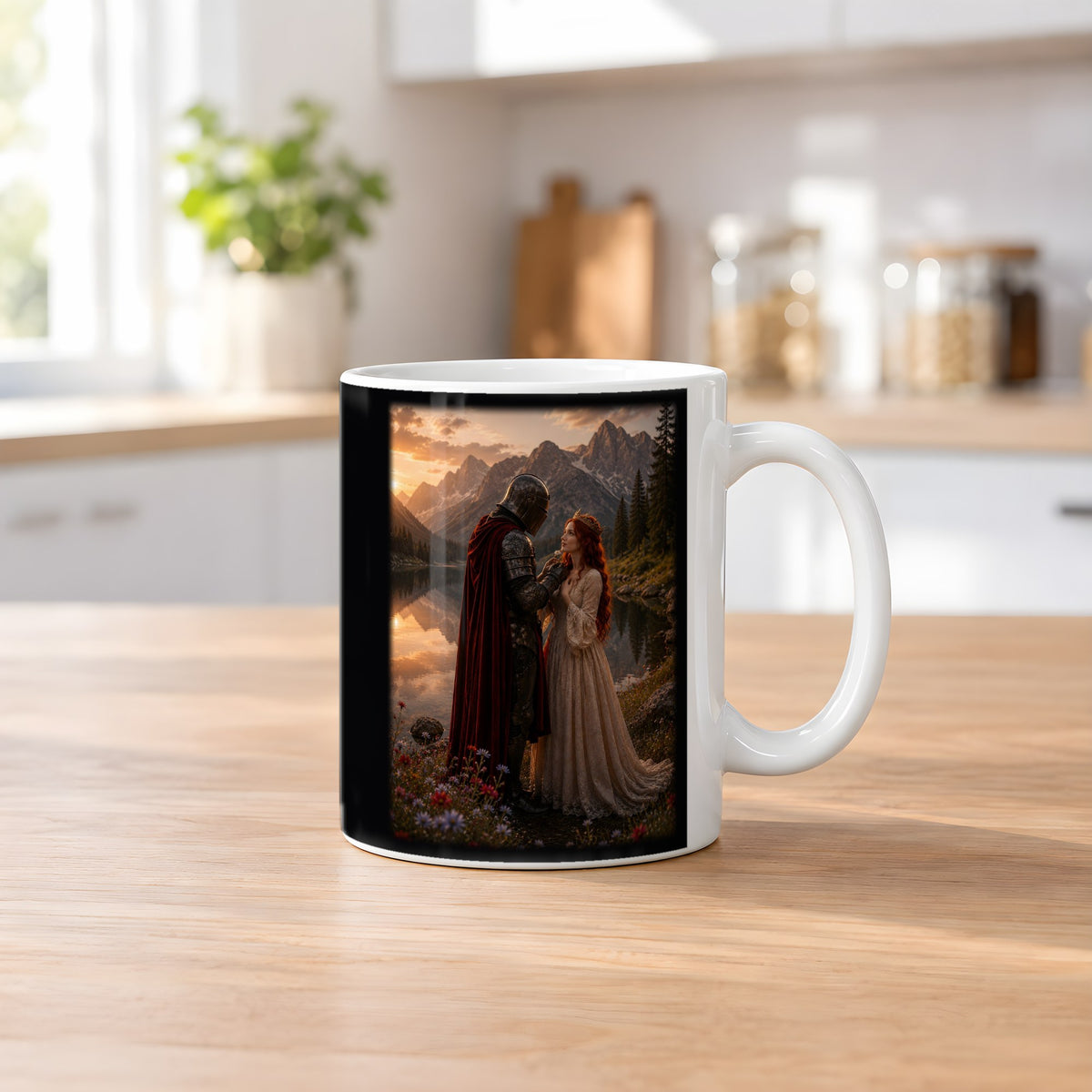 Im Abendrot – weiße Tasse, auf dem Küchentresen