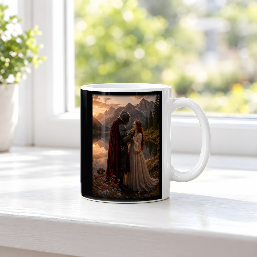Im Abendrot – weiße Tasse, auf der Fensterbank
