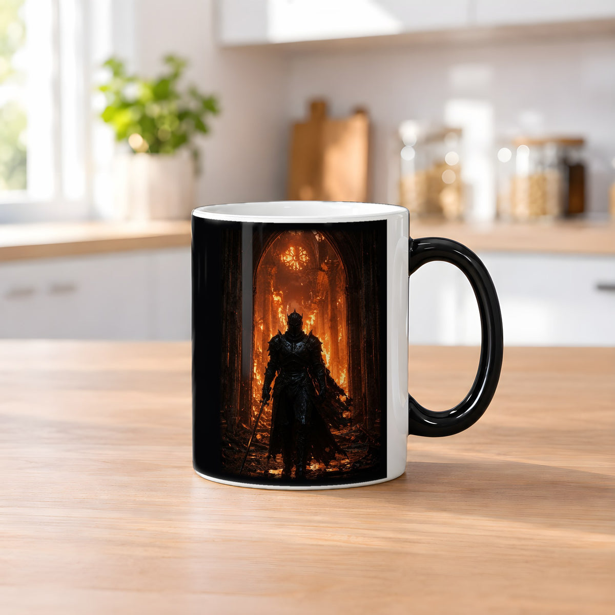 Das Inferno – Black Edition Zaubertasse mit Motiv (heiß), auf dem Küchentresen