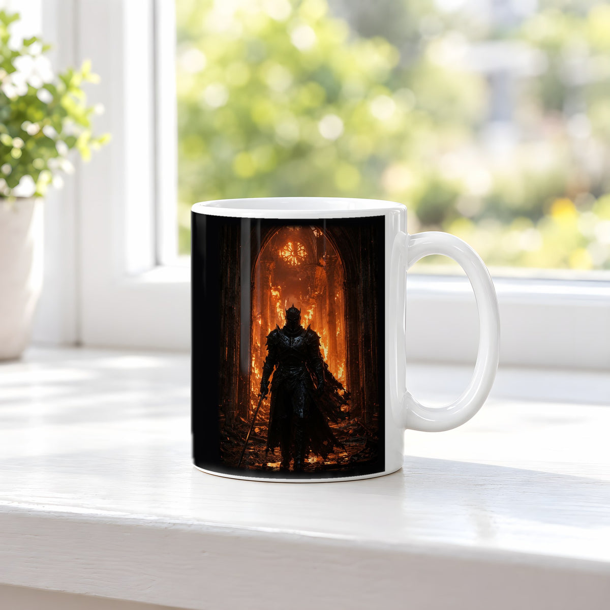 Das Inferno – weiße Tasse, auf der Fensterbank