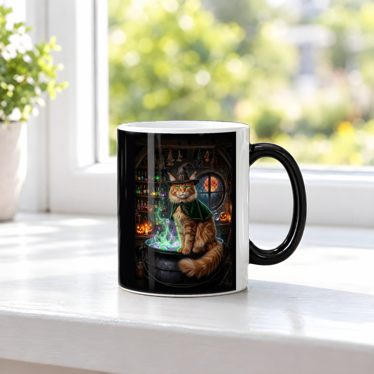 Der Kater am Kessel – Black Edition Zaubertasse mit Motiv (heiß), auf der Fensterbank