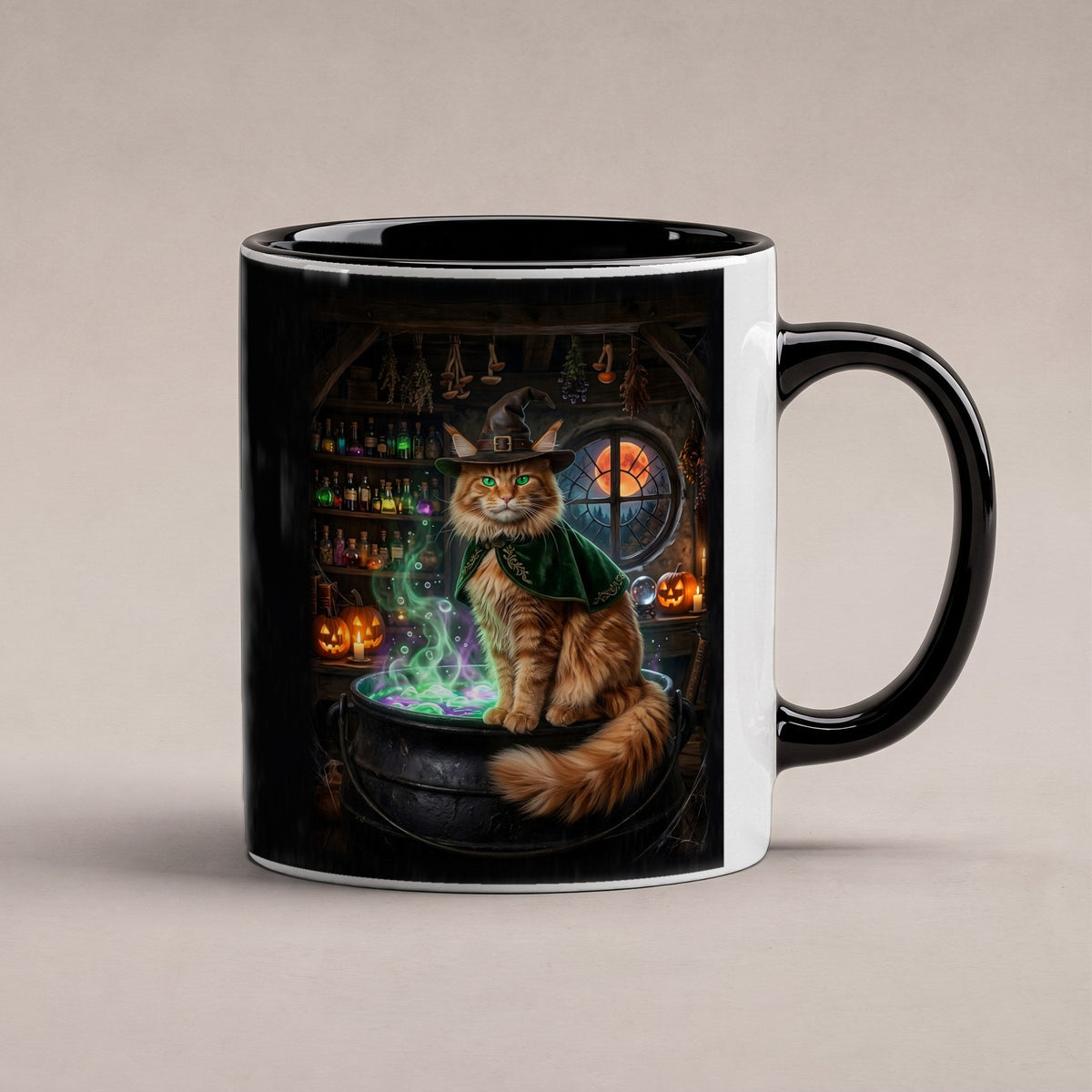 Der Kater am Kessel – Tasse innen schwarz, freigestellt