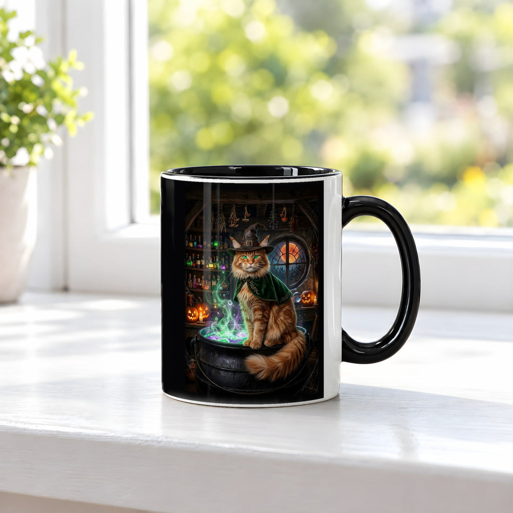 Der Kater am Kessel – Tasse innen schwarz, auf der Fensterbank