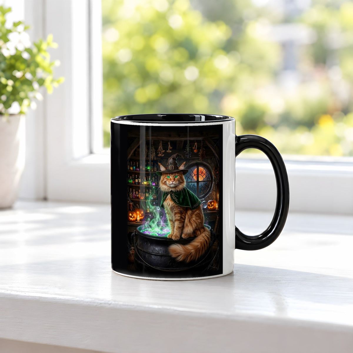 Der Kater am Kessel – Tasse innen schwarz, auf der Fensterbank
