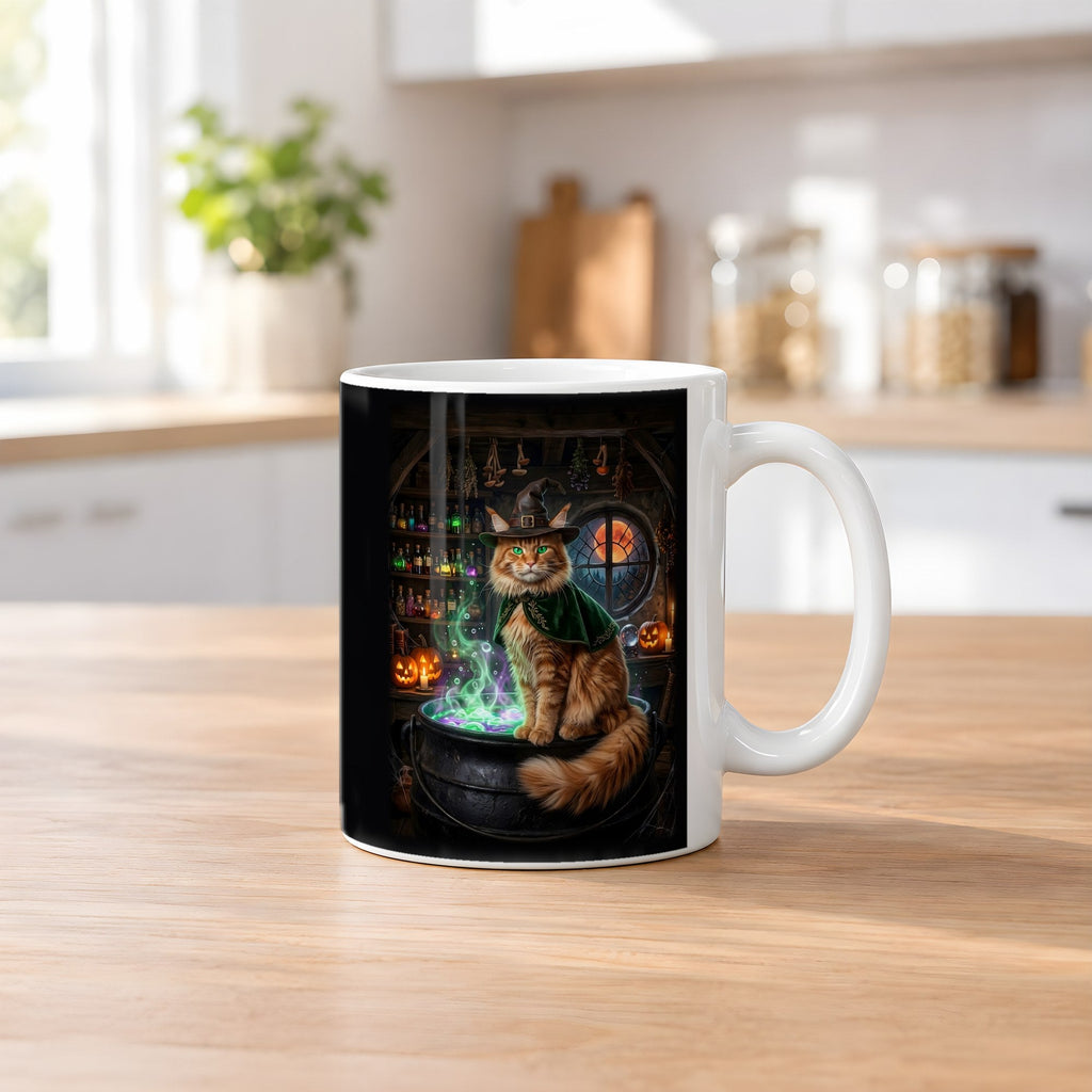 Der Kater am Kessel – weiße Tasse, auf dem Küchentresen