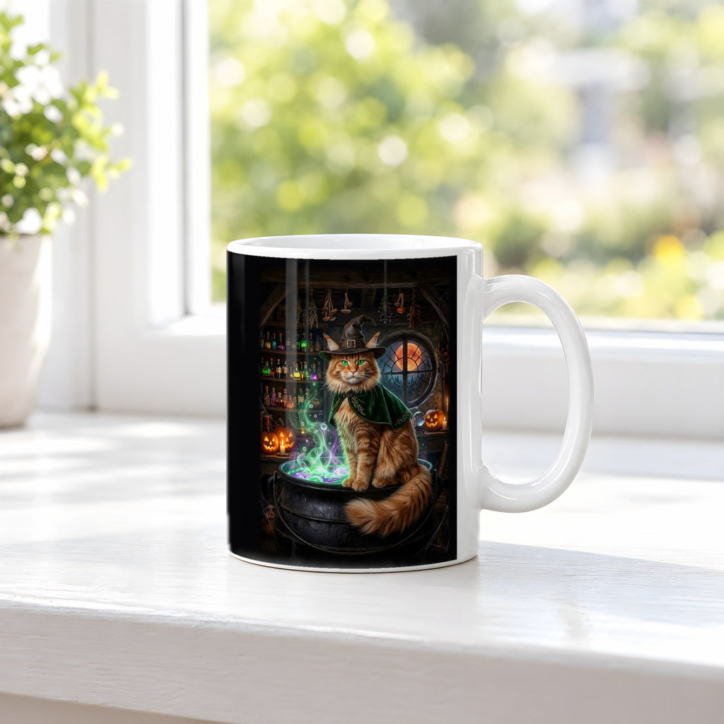 Der Kater am Kessel – weiße Tasse, auf der Fensterbank