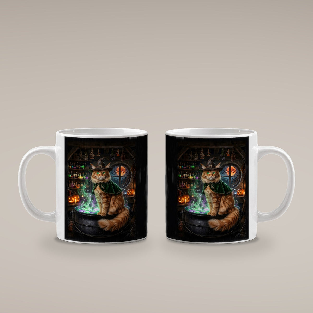 Der Kater am Kessel – weiße Tasse, beide Seiten bedruckt