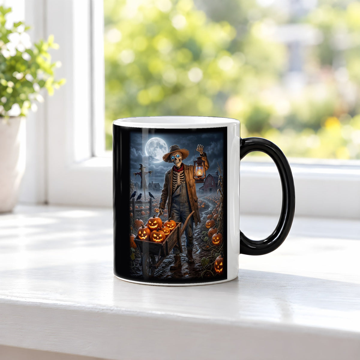 Der Kürbisbauer – Black Edition Zaubertasse mit Motiv (heiß), auf der Fensterbank