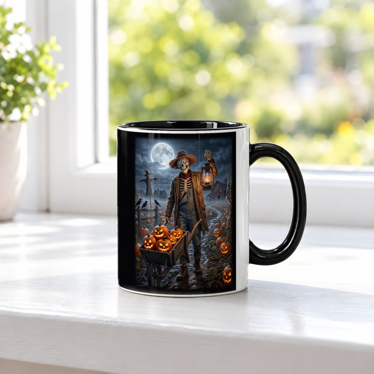 Der Kürbisbauer – Tasse innen schwarz, auf der Fensterbank