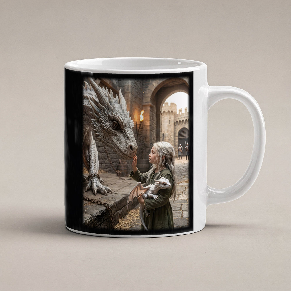 Die kleine Drachenhüterin – weiße Tasse, freigestellt